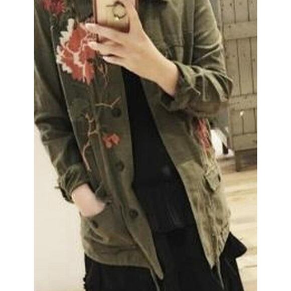 Anthropologie Hei Hei Utility Jacket XS Olive Green Floral Embroidered Boho Fall - Picture 3 of 13